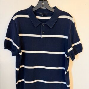 Theory Men's Knit Polo Shirt in Navy and White Stripes size L but fits more M/L